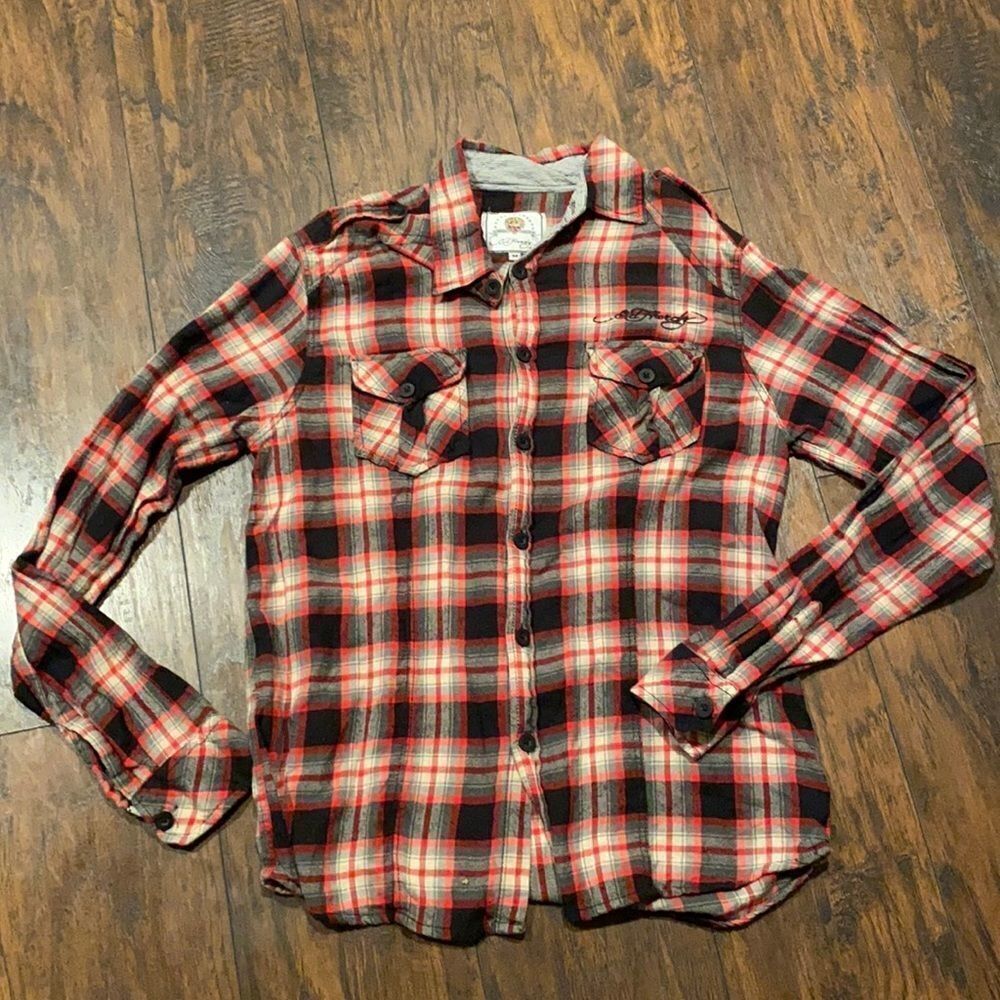 Ed Hardy plaid Flannel Shirt size M GUC embroidered spell out on‎ back and front